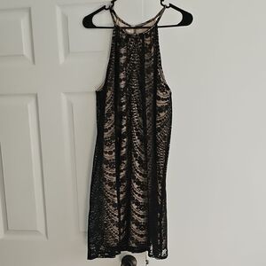 London Times Black Lace over Nude Slip Petite Dress